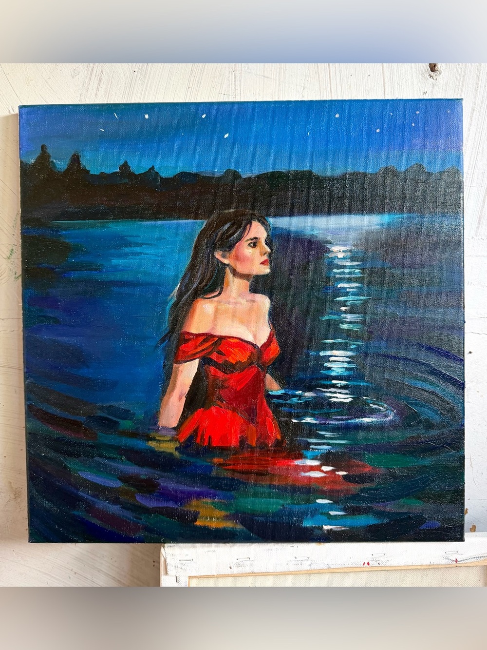 “Moonlit Waters”,
Original oil painting on canvas, 14 × 14 inches